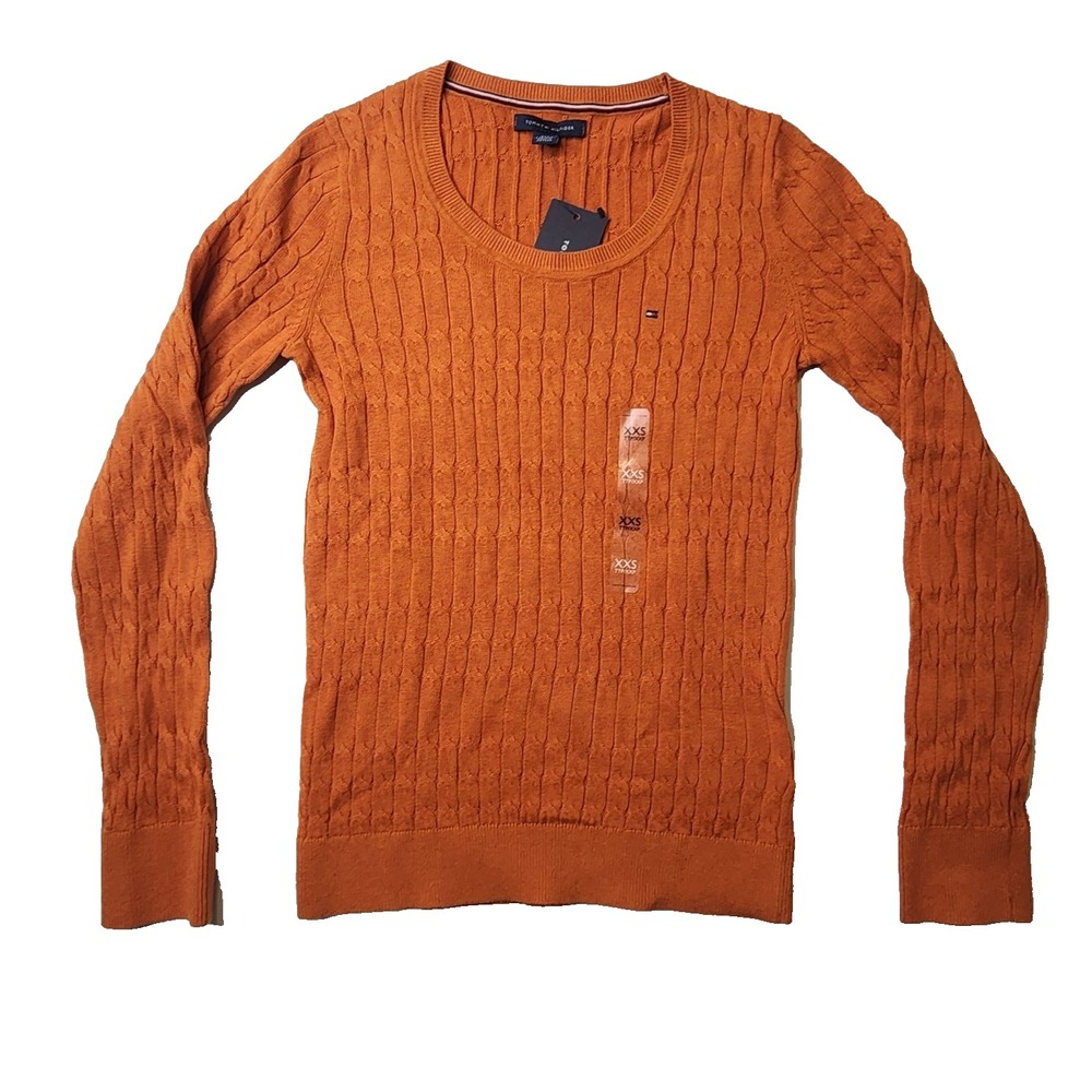 Tommy Hilfiger Women Sweater Cable Knit Long Sleeve Pumpking Orange Size 2XS